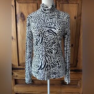 H&M Black and White Animal Print Turtle Neck Top Long Sleeve Lightweight - M